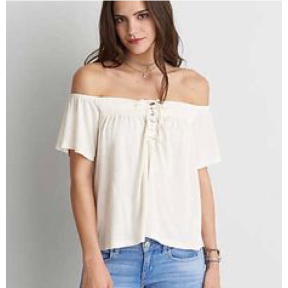 American Eagle Soft & Sexy Black Short Sleeve Lace Up Neck Off The Shoulder Top